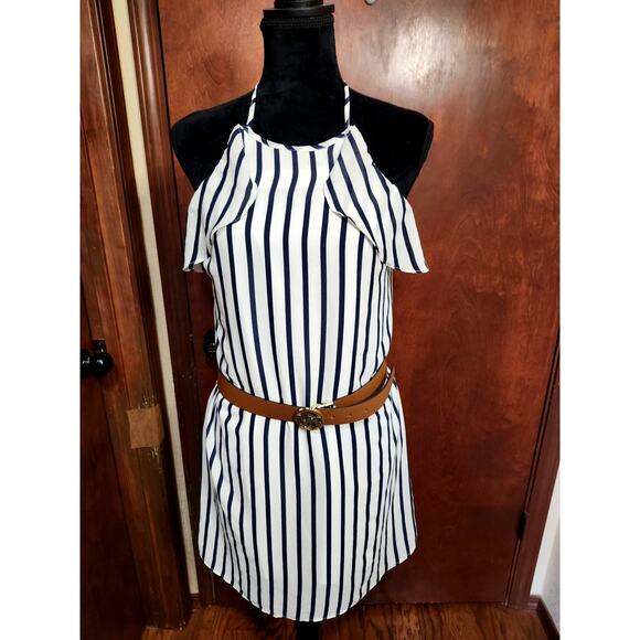 J Crew Striped Halter Ruffle Tank Small Navy White Shift Mini Summer Dress J0861 - Picture 6 of 9